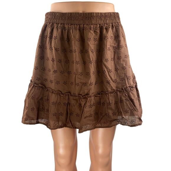 Hollister Brown Floral Embroidered High Waisted Pull On A Line Mini Skirt Size M - Picture 1 of 4